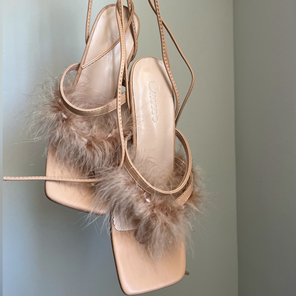 CUCCOO Fluffy Detail Stiletto Heeled Strappy Sandals in tan